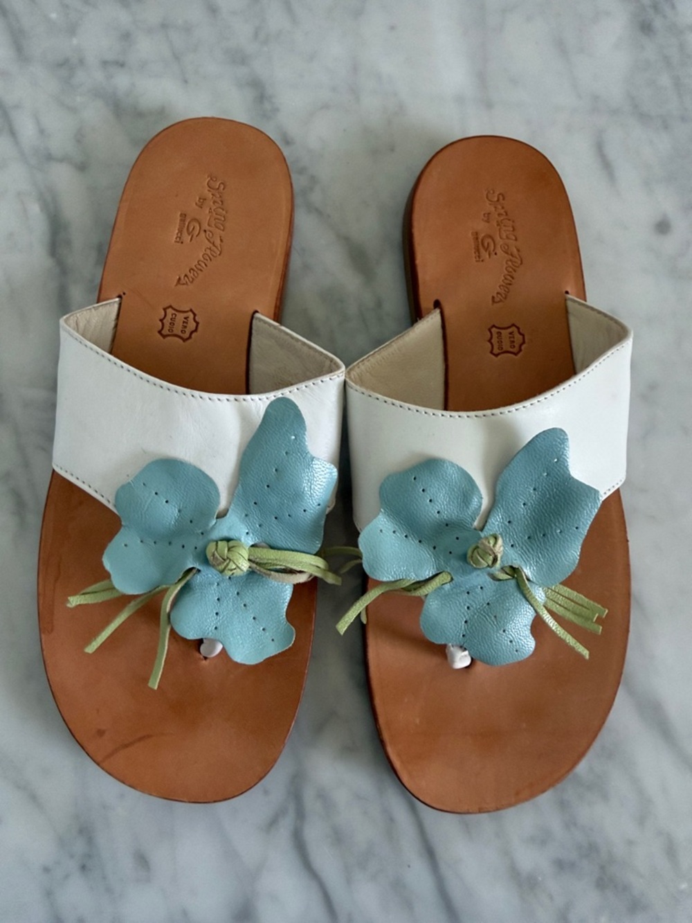Gallucci White Slides with Blue Floral Applique